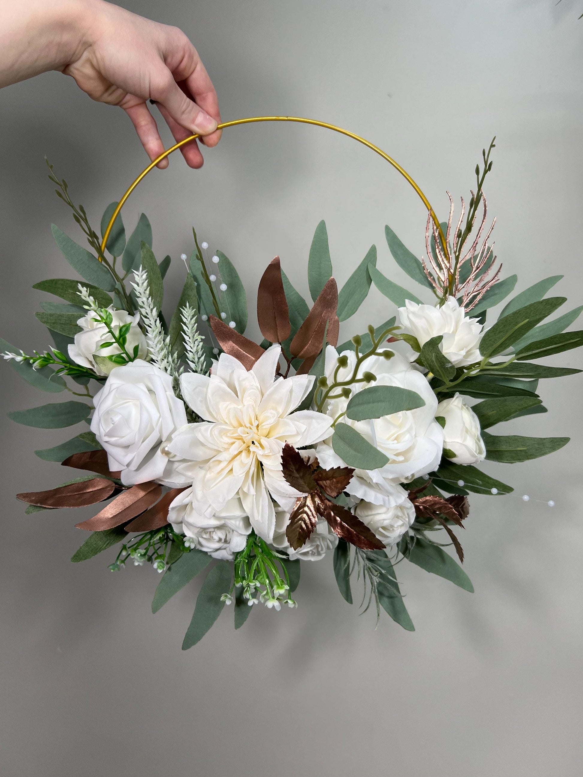 White Hoop Wedding Rose Gold Hoop Bridesmaids White Hoop Flower Girl Ring Wreath Rose Gold Ivory Hoop Flower Eucalyptus Artificial Flower
