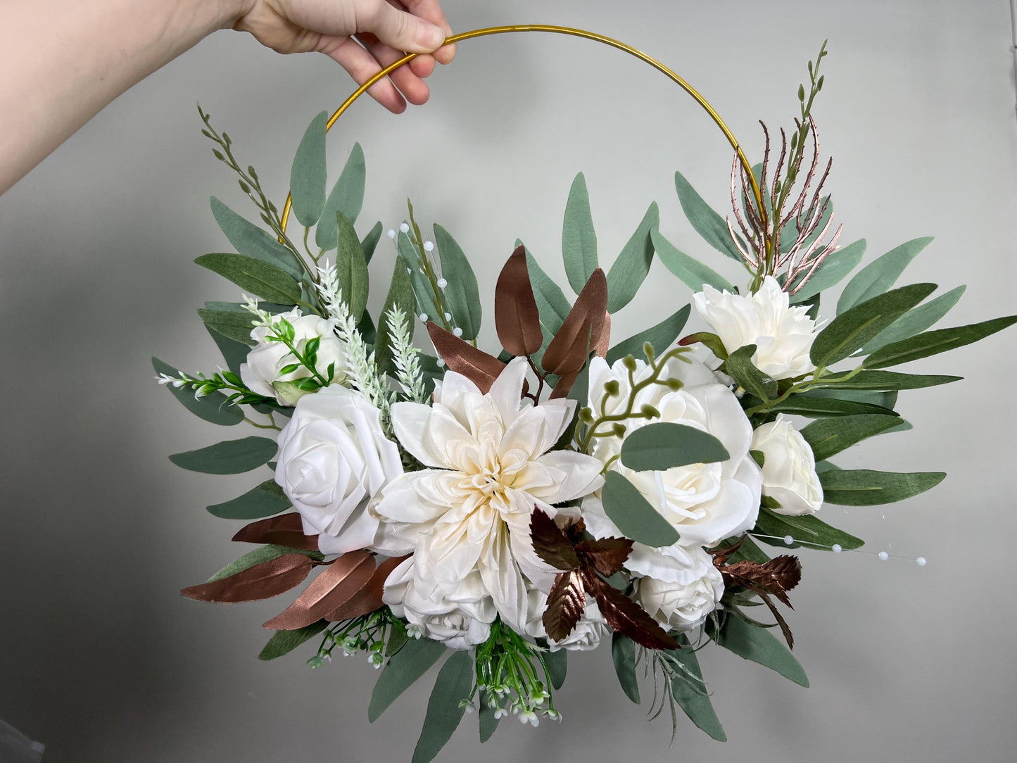 White Hoop Wedding Rose Gold Hoop Bridesmaids White Hoop Flower Girl Ring Wreath Rose Gold Ivory Hoop Flower Eucalyptus Artificial Flower