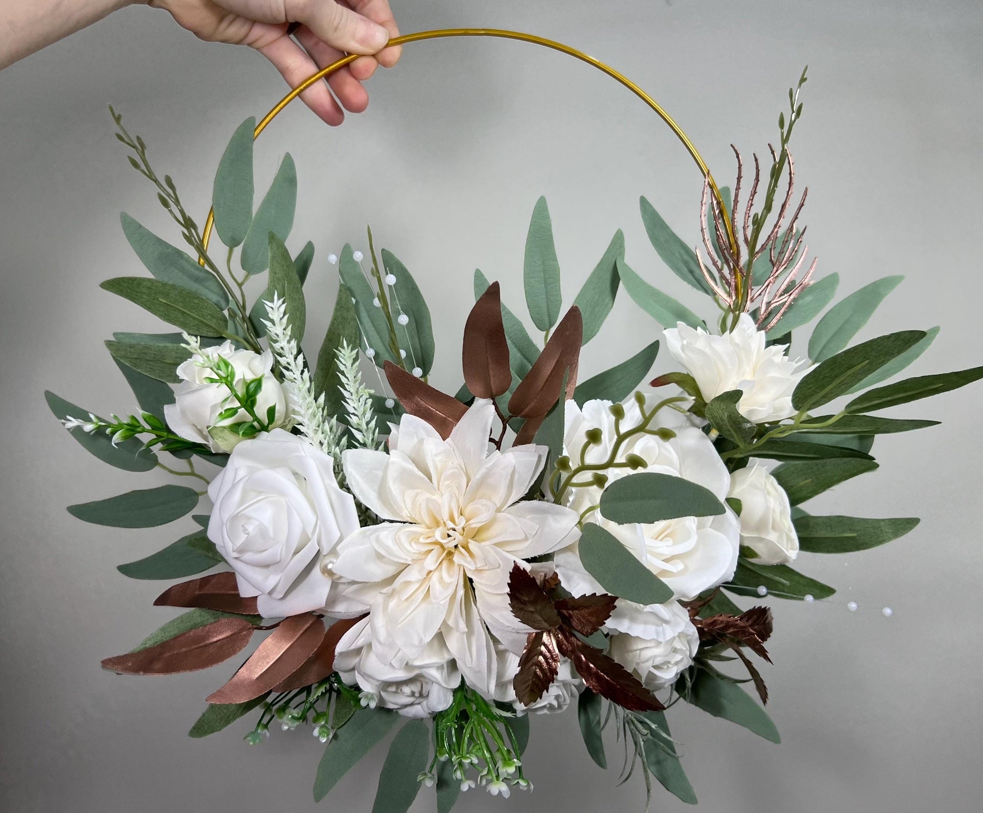 White Hoop Wedding Rose Gold Hoop Bridesmaids White Hoop Flower Girl Ring Wreath Rose Gold Ivory Hoop Flower Eucalyptus Artificial Flower
