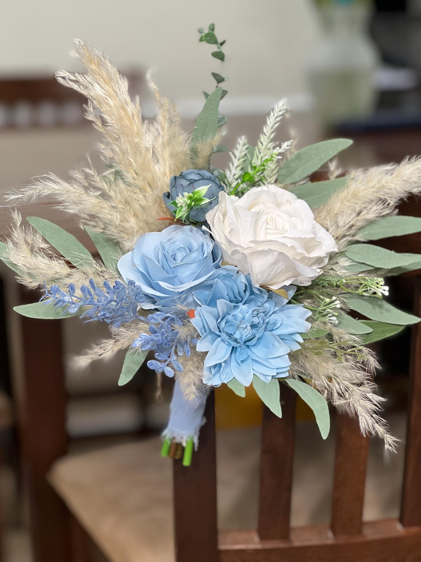 Blue White Bouquet Bridal Boho Light Blue Bouquet Pampas Grass White Dusty Blue Bouquet Bridesmaids Eucalyptus Artificial Flower