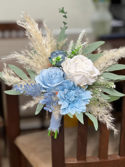 Blue White Bouquet Bridal Boho Light Blue Bouquet Pampas Grass White Dusty Blue Bouquet Bridesmaids Eucalyptus Artificial Flower