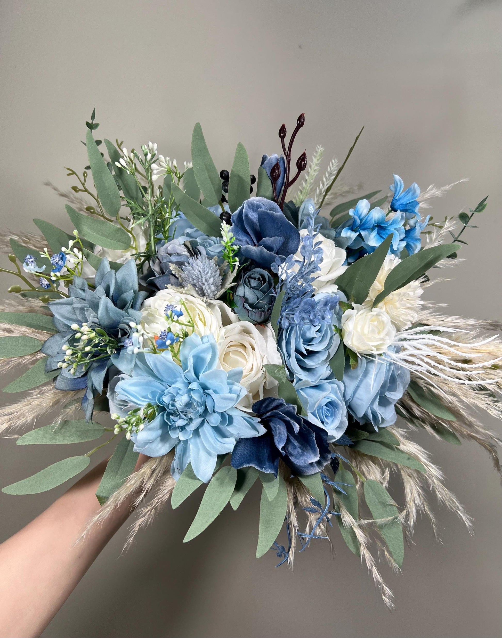 Blue White Bouquet Bridal Boho Light Blue Bouquet Pampas Grass White Dusty Blue Bouquet Bridesmaids Eucalyptus Artificial Flower