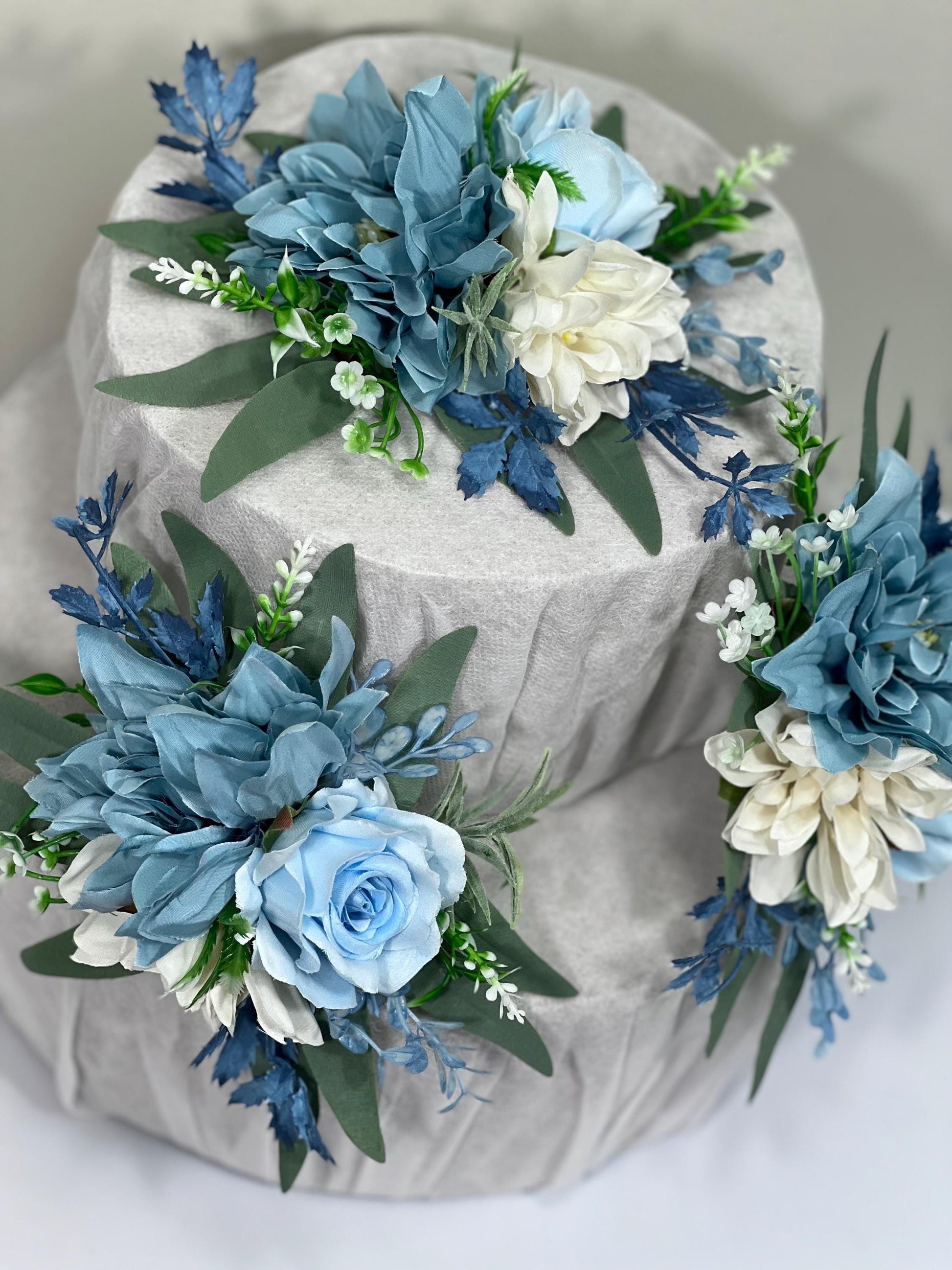 Dusty Blue Cake Decor Wedding White Dusty Blue Cake Topper Flower Dahlia Cake Arrangement Flower White Sky Blue Artificial Flower Cake Decor
