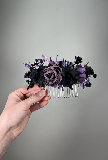 Black Purple Hair Comb, Gothic Bridal Hair Piece, Dark Plum Wedding Hair Accessory, Floral Hair Comb, Elegant Gothic Wedding Headpiece