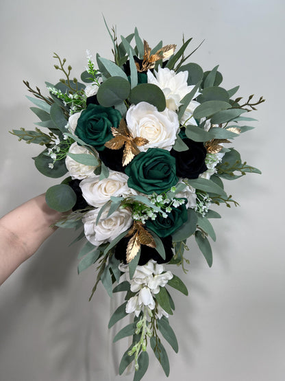 Emerald Green Bouquet Bridal Cascade White Black Bouquet Bridesmaids Emerald Green Forest Black Cascading Bouquet Gold Artificial Flower