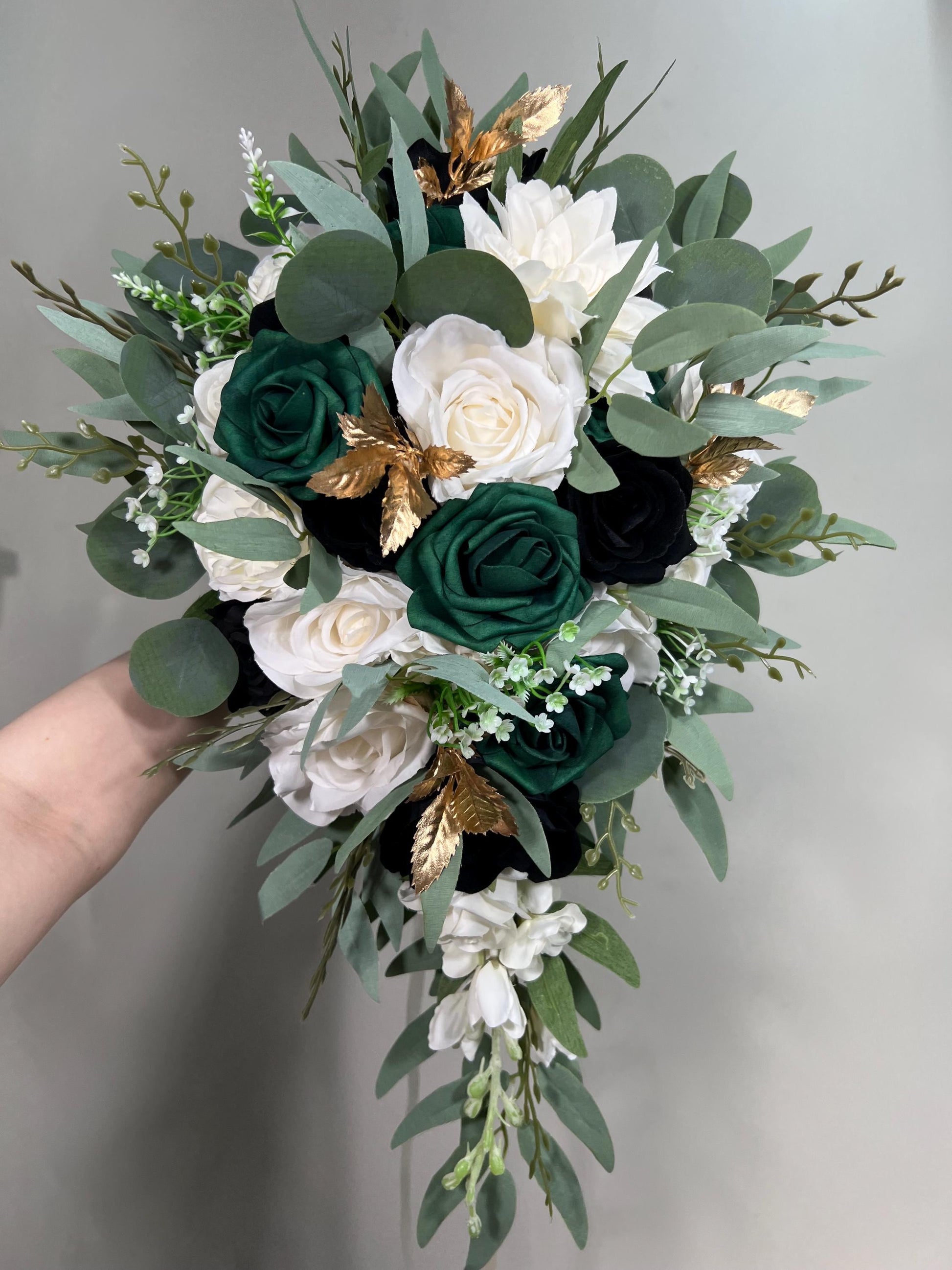 Emerald Green Bouquet Bridal Cascade White Black Bouquet Bridesmaids Emerald Green Forest Black Cascading Bouquet Gold Artificial Flower
