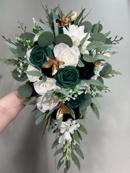 Emerald Green Bouquet Bridal Cascade White Black Bouquet Bridesmaids Emerald Green Forest Black Cascading Bouquet Gold Artificial Flower