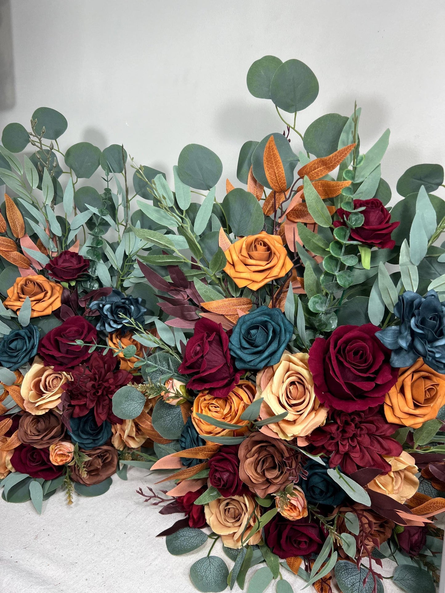 Wedding Aisle Marker Flower Floor Arrangement Whiskey Barrel Décor Dark Teal Burnt Orange Burgundy Terracotta Ground Arch Rust