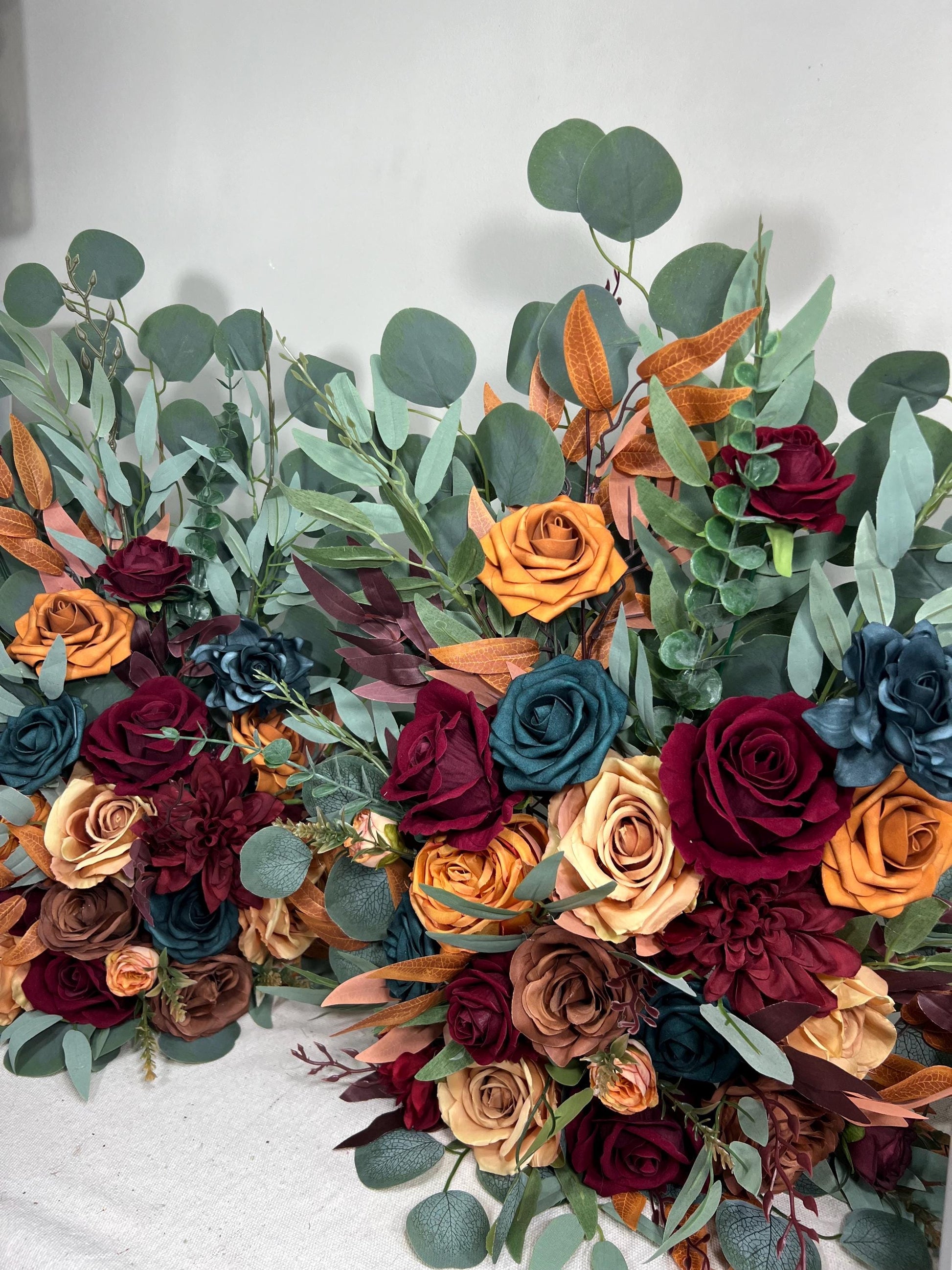 Wedding Aisle Marker Flower Floor Arrangement Whiskey Barrel Décor Dark Teal Burnt Orange Burgundy Terracotta Ground Arch Rust