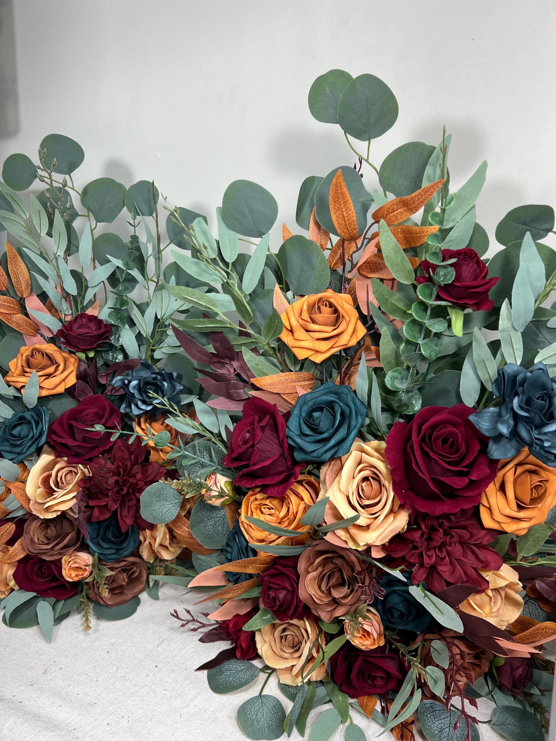 Wedding Aisle Marker Flower Floor Arrangement Whiskey Barrel Décor Dark Teal Burnt Orange Burgundy Terracotta Ground Arch Rust