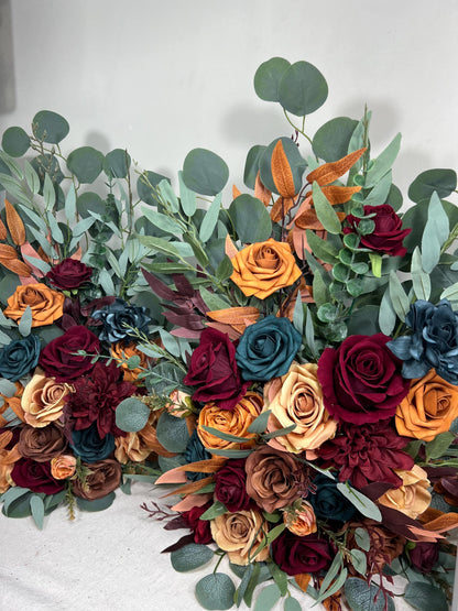 Wedding Aisle Marker Flower Floor Arrangement Whiskey Barrel Décor Dark Teal Burnt Orange Burgundy Terracotta Ground Arch Rust