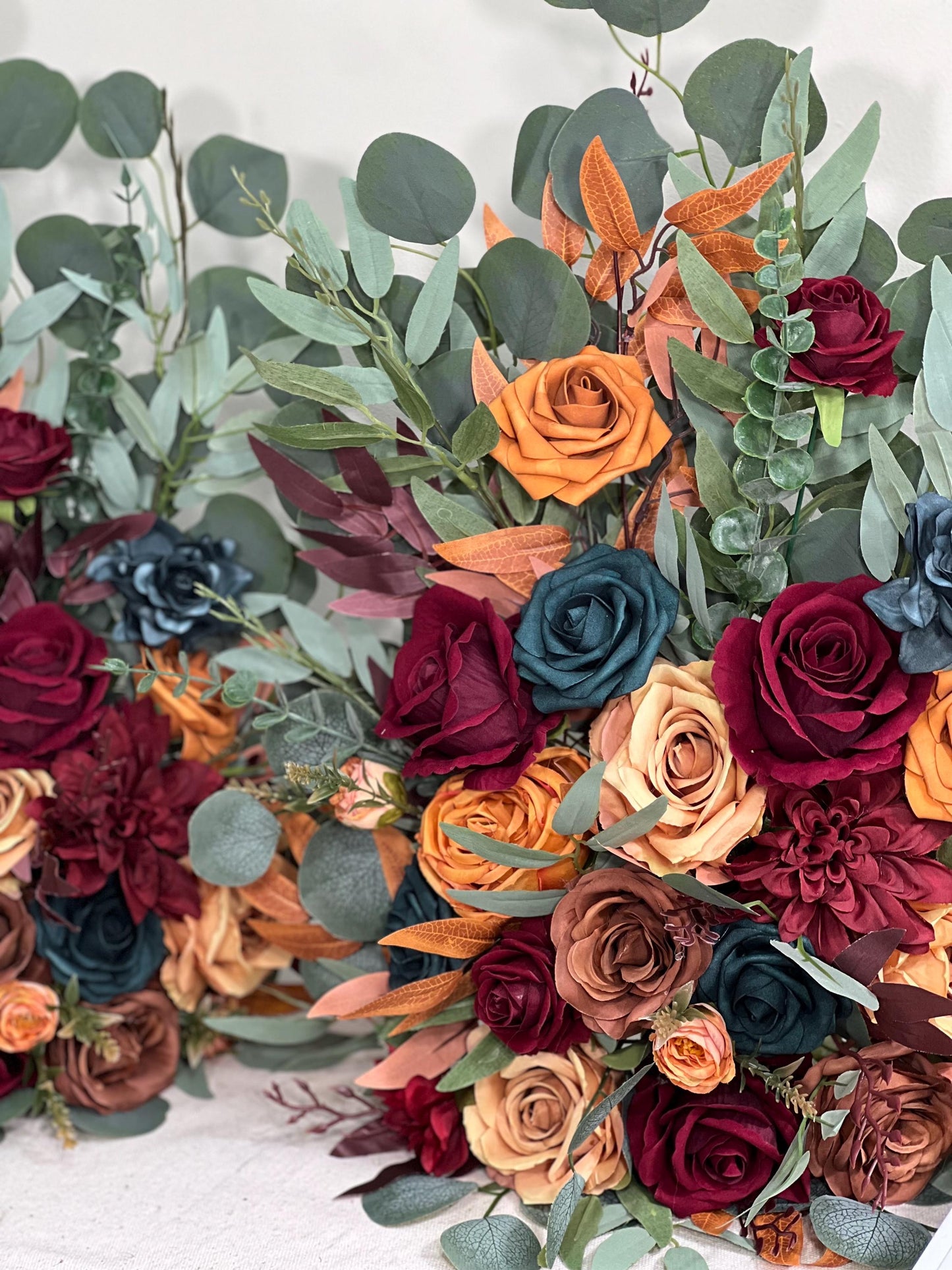 Wedding Aisle Marker Flower Floor Arrangement Whiskey Barrel Décor Dark Teal Burnt Orange Burgundy Terracotta Ground Arch Rust