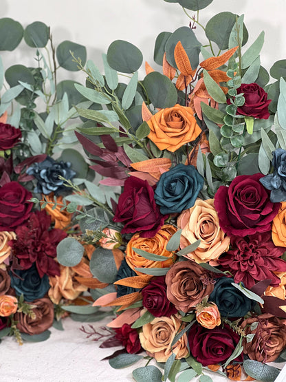 Wedding Aisle Marker Flower Floor Arrangement Whiskey Barrel Décor Dark Teal Burnt Orange Burgundy Terracotta Ground Arch Rust