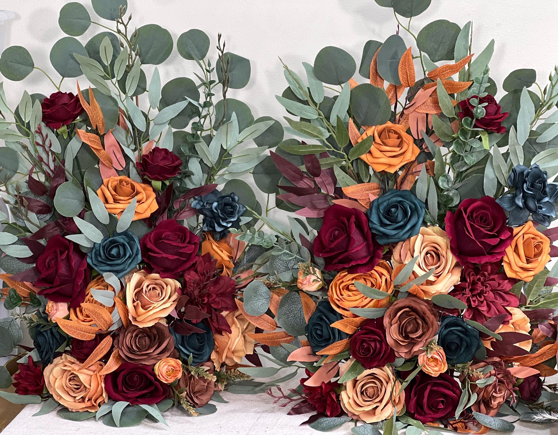 Wedding Aisle Marker Flower Floor Arrangement Whiskey Barrel Décor Dark Teal Burnt Orange Burgundy Terracotta Ground Arch Rust