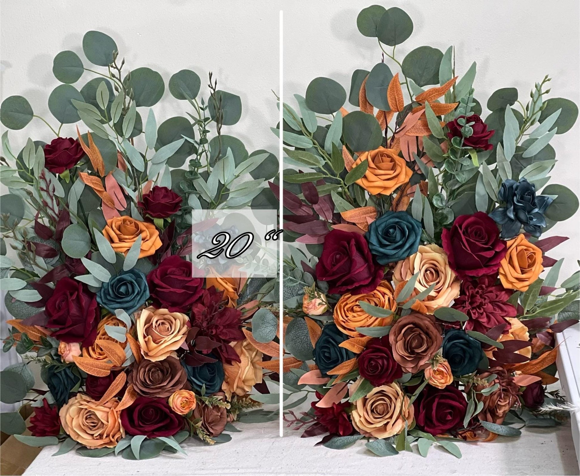 Wedding Aisle Marker Flower Floor Arrangement Whiskey Barrel Décor Dark Teal Burnt Orange Burgundy Terracotta Ground Arch Rust