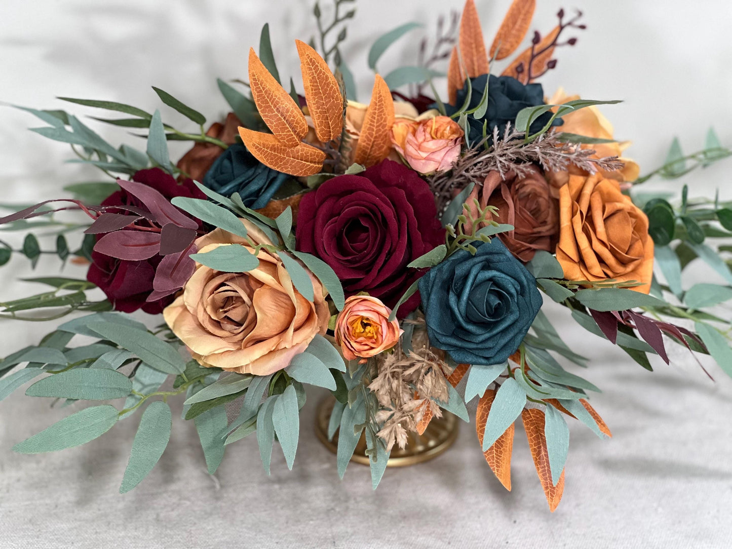 Dark Teal Terracotta Burgundy Centerpiece Wedding Table Decor Teal Rust Wedding Centerpiece Dark Teal Burn Orange Maroon Artificial Flower