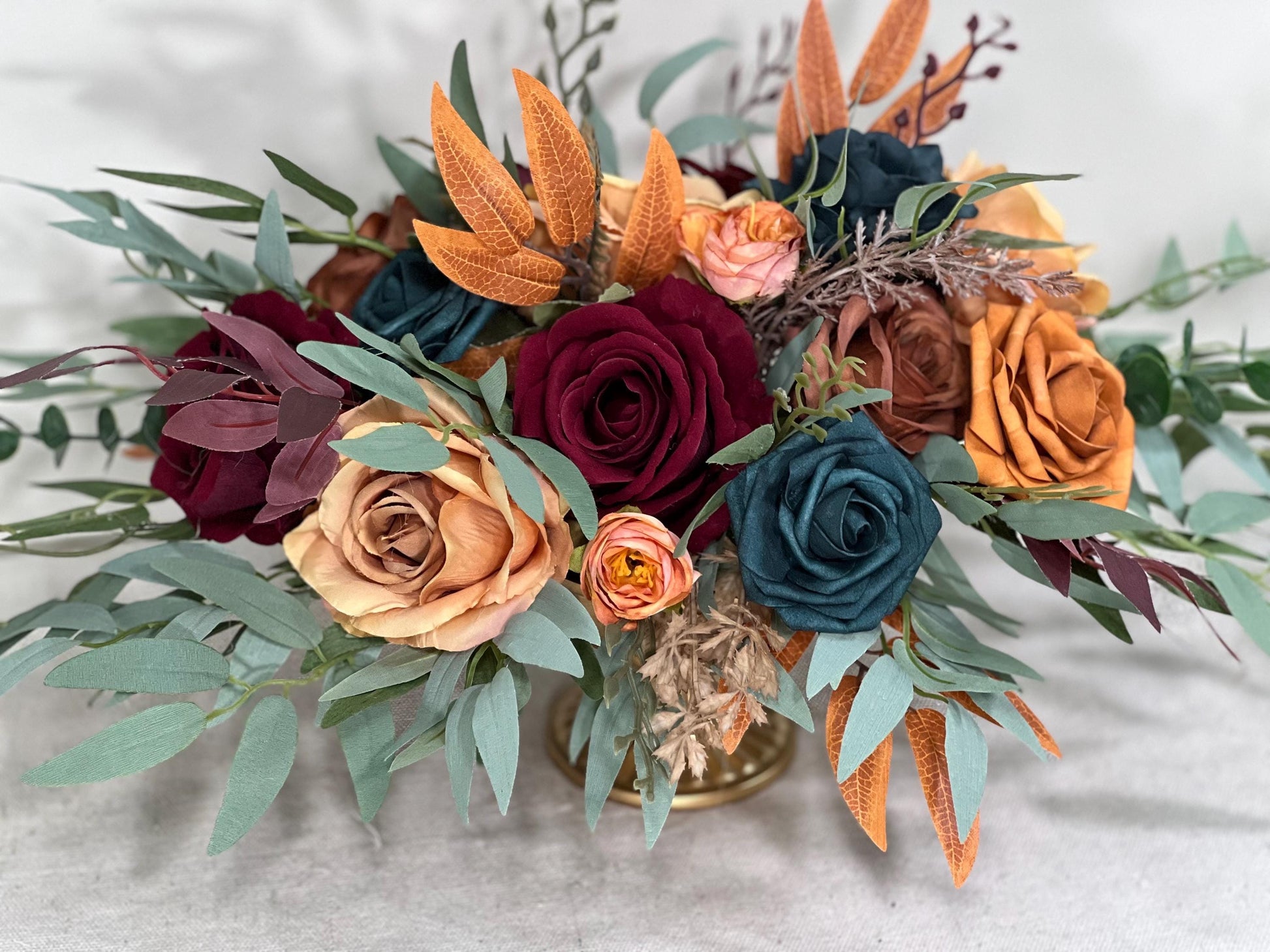 Dark Teal Terracotta Burgundy Centerpiece Wedding Table Decor Teal Rust Wedding Centerpiece Dark Teal Burn Orange Maroon Artificial Flower