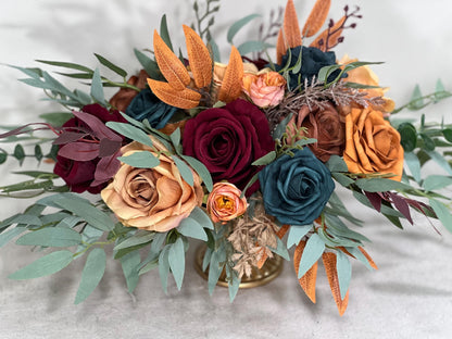 Dark Teal Terracotta Burgundy Centerpiece Wedding Table Decor Teal Rust Wedding Centerpiece Dark Teal Burn Orange Maroon Artificial Flower