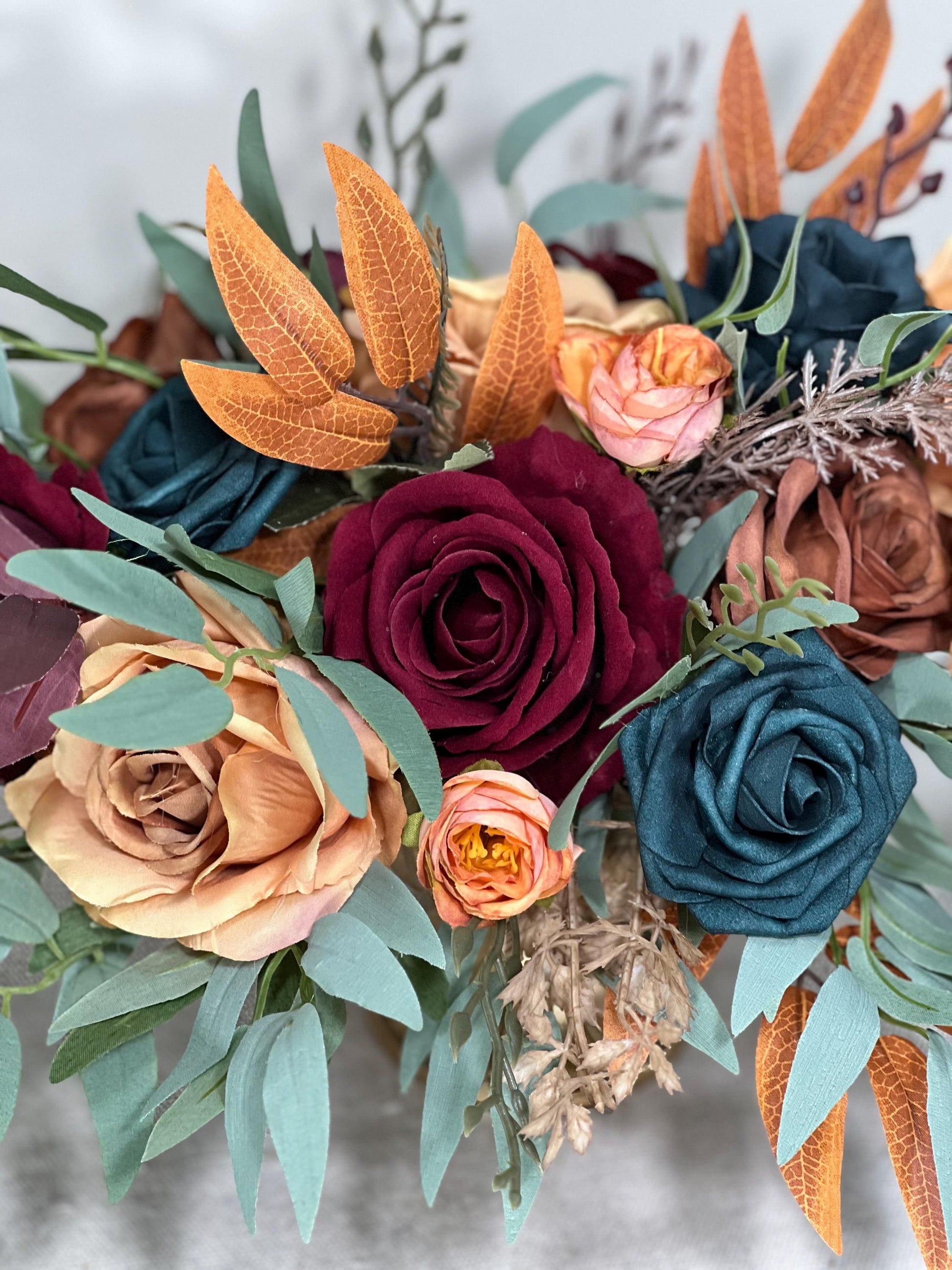 Dark Teal Terracotta Burgundy Centerpiece Wedding Table Decor Teal Rust Wedding Centerpiece Dark Teal Burn Orange Maroon Artificial Flower