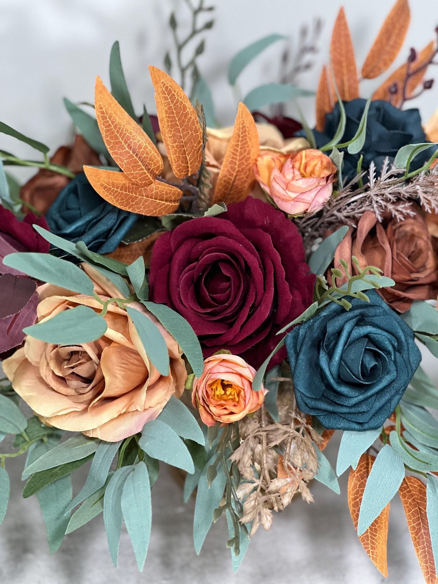Dark Teal Terracotta Burgundy Centerpiece Wedding Table Decor Teal Rust Wedding Centerpiece Dark Teal Burn Orange Maroon Artificial Flower
