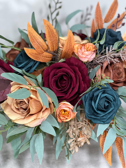 Dark Teal Terracotta Burgundy Centerpiece Wedding Table Decor Teal Rust Wedding Centerpiece Dark Teal Burn Orange Maroon Artificial Flower