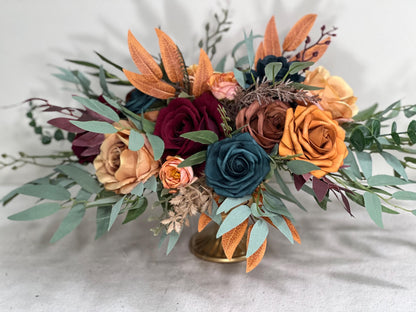 Dark Teal Terracotta Burgundy Centerpiece Wedding Table Decor Teal Rust Wedding Centerpiece Dark Teal Burn Orange Maroon Artificial Flower