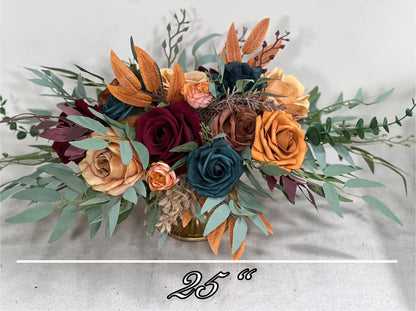 Dark Teal Terracotta Burgundy Centerpiece Wedding Table Decor Teal Rust Wedding Centerpiece Dark Teal Burn Orange Maroon Artificial Flower