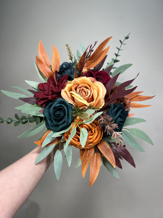 Wedding Dark Teal Bouquet Bridal Burgundy Terracotta Bridesmaids Burgundy Burnt Orange Bouquet Dark Teal Blue Rust Artificial Flowers
