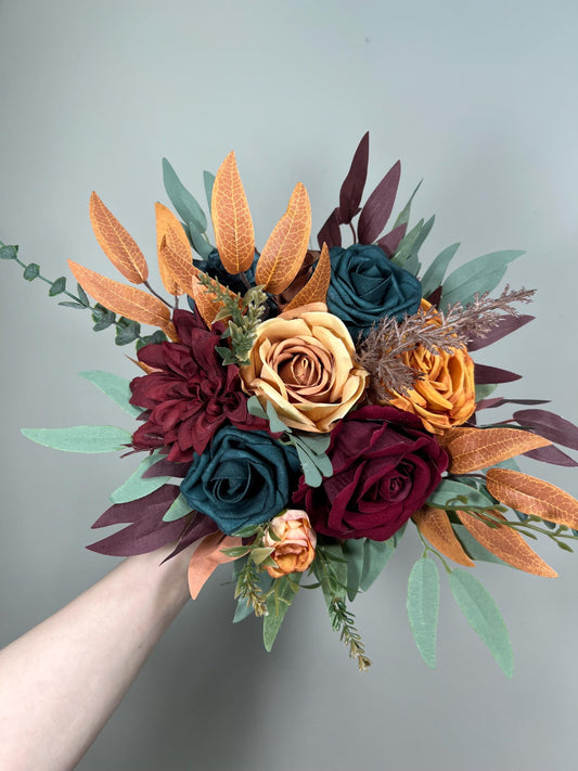 Wedding Dark Teal Bouquet Bridal Rust Terracotta Bridesmaids Burgundy Burnt Orange Bouquet Teal Terracotta Artificial Flowers Bouquet
