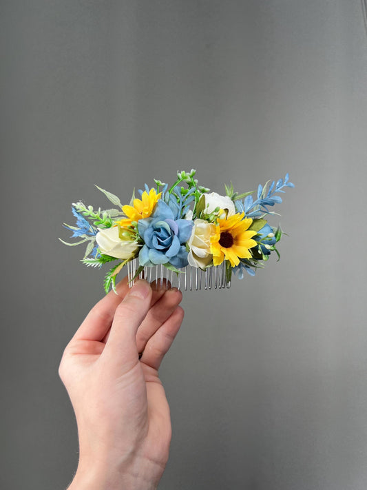 Sunflower Comb Floral Dusty Blue Wedding Head Piece Hair Comb Sunflower Bridal Blue Hair Clip Accessories Blue Hair Comb Artificial Flower