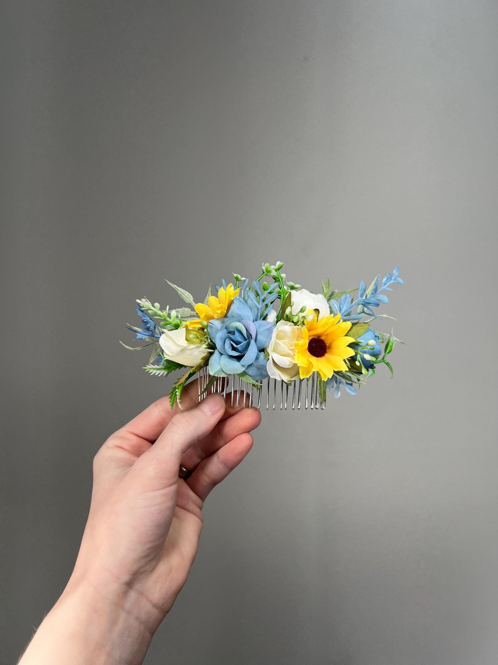 Sunflower Comb Floral Dusty Blue Wedding Head Piece Hair Comb Sunflower Bridal Blue Hair Clip Accessories Blue Hair Comb Artificial Flower