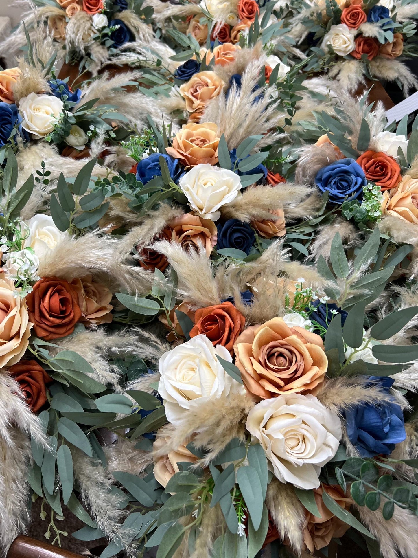 Orange Blue Navy Flower Ball Wedding Boho Centerpiece White Burnt Orange Blue Navy Barrel Decor Table Terracotta Navy Blue Rust Pampas Grass