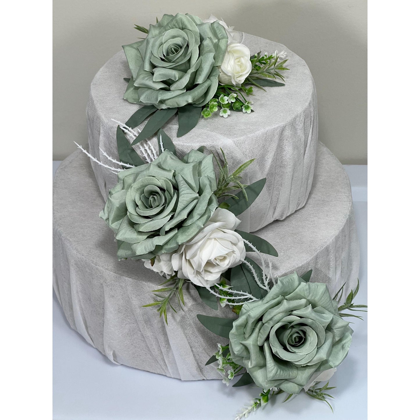 Sage Green Cake Decor Flower Wedding White Dusty Sage Green Cake Arrangement Flower Artificial Ivory Sage Green Baby Breath Eucalyptus