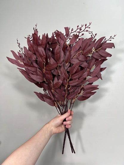 Artificial Willow 1 Bundle Burgundy Eucalyptus Stems Leaves Decor Wedding Maroon Greenery Faux Willow Wine Red Craft Supplies Wedding