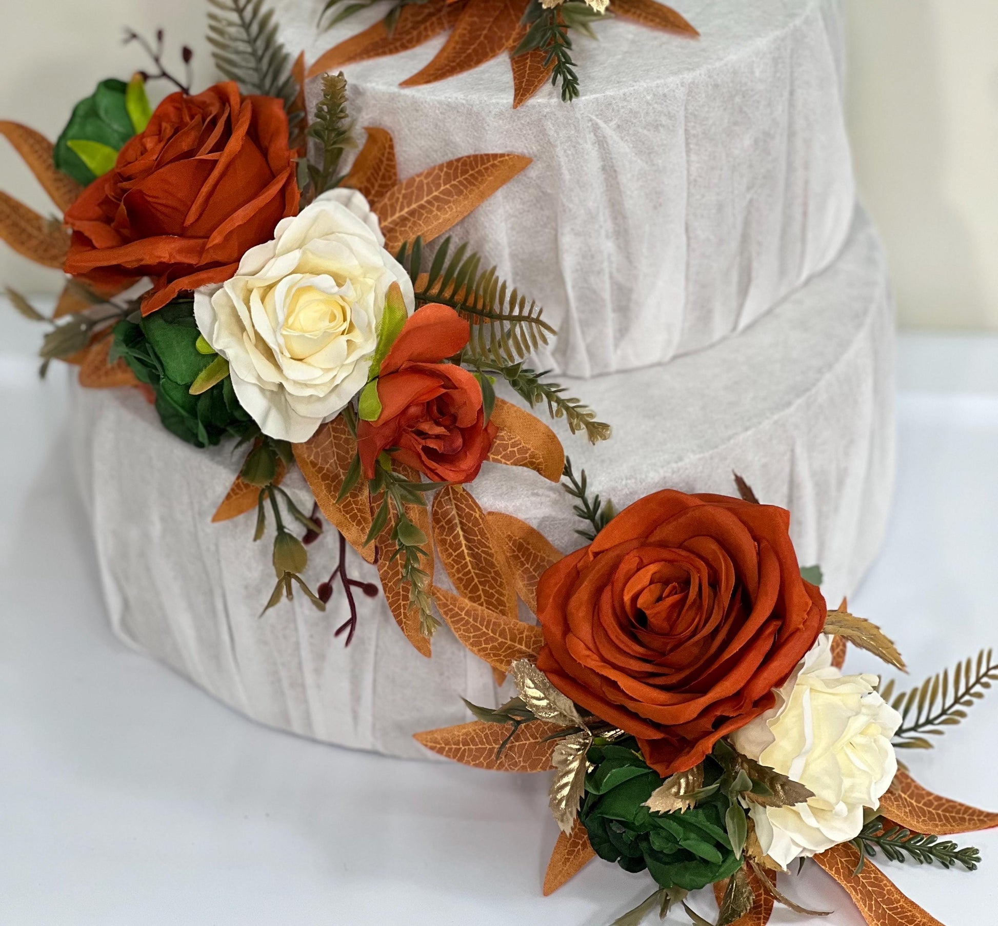Rust Cake Decor Flower Wedding Terracotta Green Ivory Cake Arrangements Artificial Flower Emerald Green Burnt Orange Champagne Flower Cake