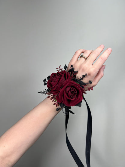Burgundy Corsage Black Wedding Wrist Corsage Maroon Black Mom Corsage Wine Red Black Bridesmaids Corsage Prom Burgundy Artificial Flower