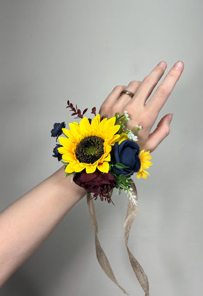 Sunflowers Corsage Wedding Burgundy Navy Blue Sunflower Corsage Wrist Bridesmaids Sunflowers Corsage Maroon Navy Blue Dark Corsage Fall