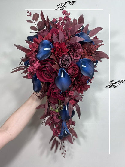 Burgundy Navy Blue Bouquet Wedding Cascade Bouquet Bridal Burgundy Navy Blue Calla Lily Bouquet Cascading Bouquet Maroon Dark Blue Wine Red