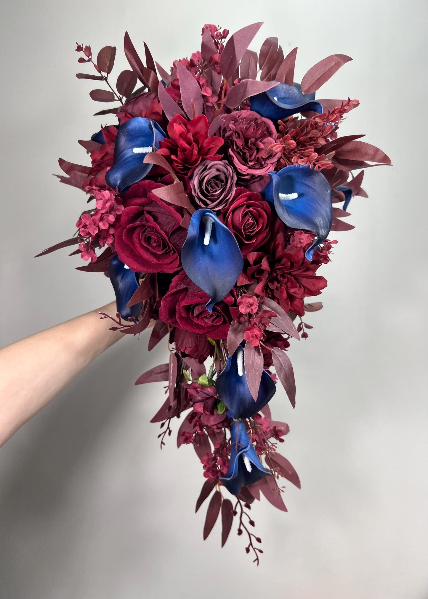 Burgundy Navy Blue Bouquet Wedding Cascade Bouquet Bridal Burgundy Navy Blue Calla Lily Bouquet Cascading Bouquet Maroon Dark Blue Wine Red