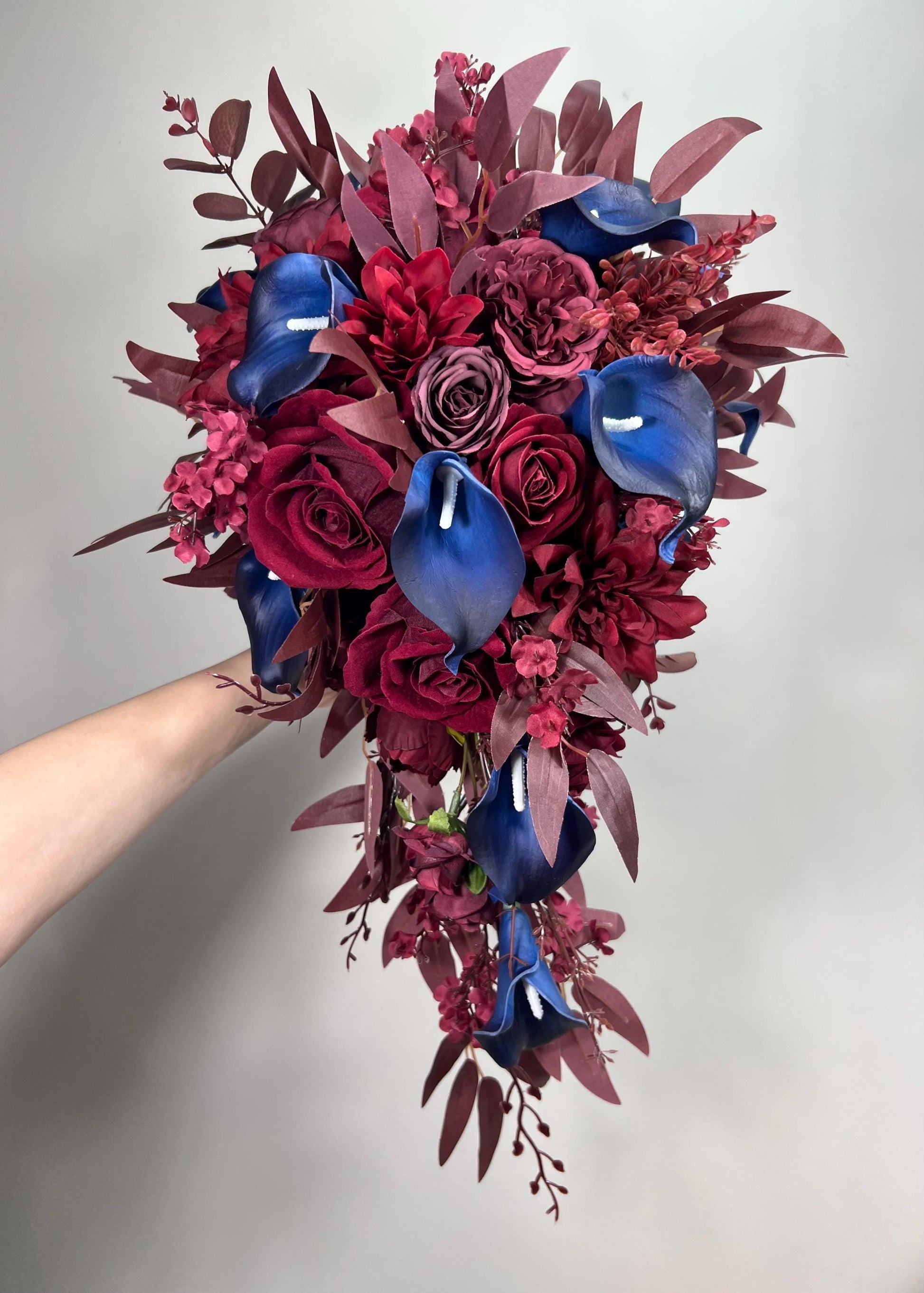 Burgundy Navy Blue Bouquet Wedding Cascade Bouquet Bridal Burgundy Navy Blue Calla Lily Bouquet Cascading Bouquet Maroon Dark Blue Wine Red