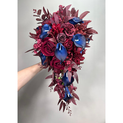Burgundy Navy Blue Bouquet Wedding Cascade Bouquet Bridal Burgundy Navy Blue Calla Lily Bouquet Cascading Bouquet Maroon Dark Blue Wine Red