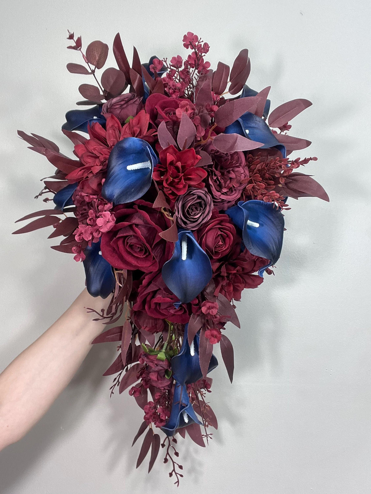 Burgundy Navy Blue Bouquet Wedding Cascade Bouquet Bridal Burgundy Navy Blue Calla Lily Bouquet Cascading Bouquet Maroon Dark Blue Wine Red