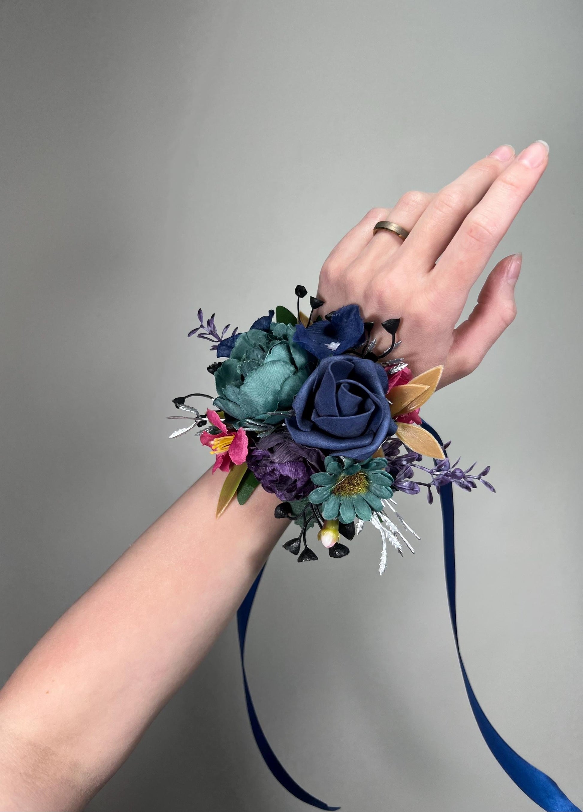 Jewel Tone Corsage Wedding Teal Navy Blue Wrist Cosage Plum Magenta Corsage Bridesmaids Purple Dark Teal Fuchsia Corsage Prom Dark Blue
