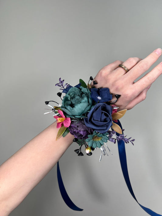 Jewel Tone Corsage Wedding Teal Navy Blue Wrist Cosage Plum Magenta Corsage Bridesmaids Purple Dark Teal Fuchsia Corsage Prom Dark Blue