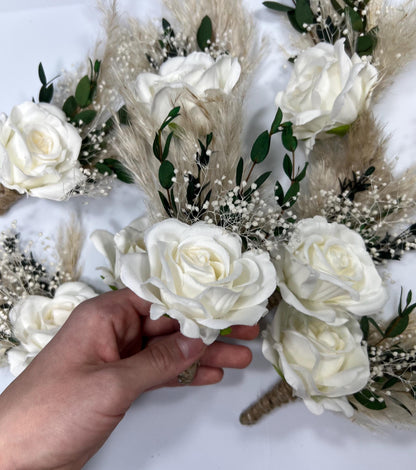 White Boutonniere Wedding Baby Breath Boutonnière Groom White Eucalyptus Dried Boutonniere Buttonhole Prom Boutonniere Boho Pampas Grass