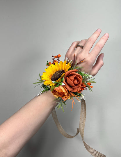 Sunflower Corsage Wedding Wrist Corsage Sunflower Burnt Orange Bridesmaids Corsage Terracotta Sunflowers Fall Corsage Artifitical Flower