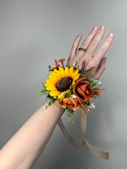 Sunflower Corsage Wedding Wrist Corsage Sunflower Burnt Orange Bridesmaids Corsage Terracotta Sunflowers Fall Corsage Artifitical Flower