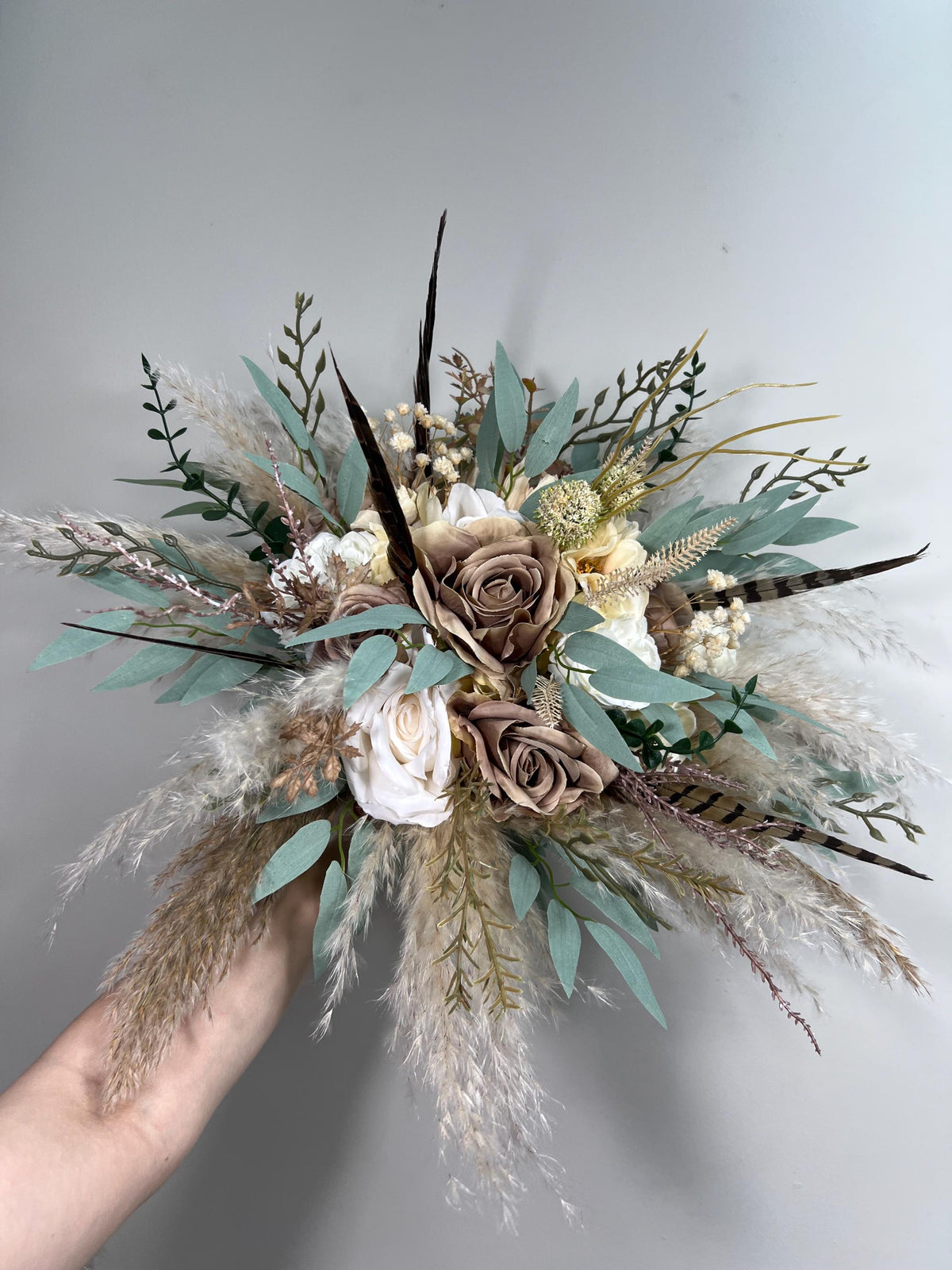 Brown Bouquet Wedding Bridal Taupe Bouquet Boho Pheasant Feathers Brown Bridesmaids Bouquet Pampas Grass White Brown Baby Breath Eucalyptus
