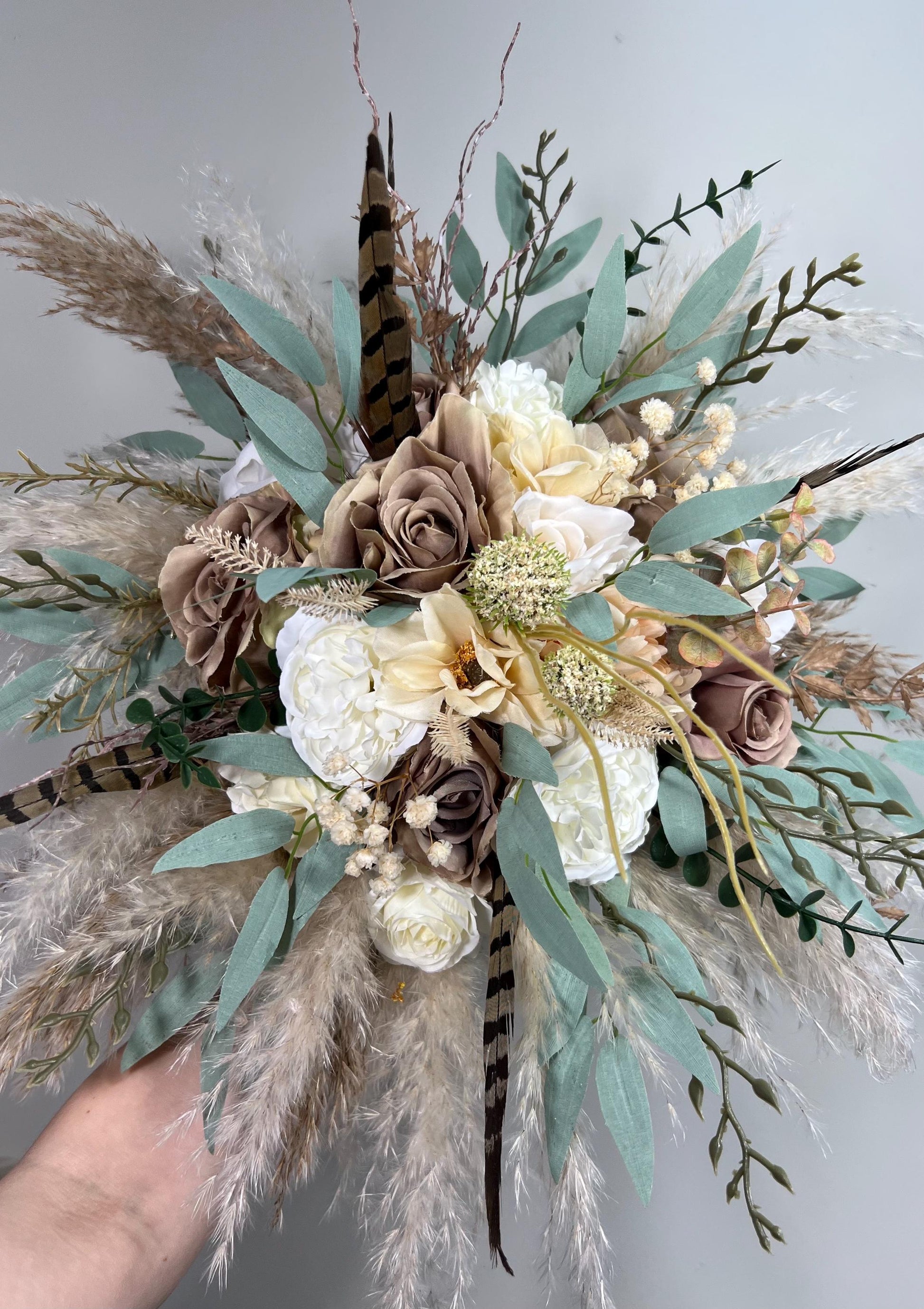 Brown Bouquet Wedding Bridal Taupe Bouquet Boho Pheasant Feathers Brown Bridesmaids Bouquet Pampas Grass White Brown Baby Breath Eucalyptus
