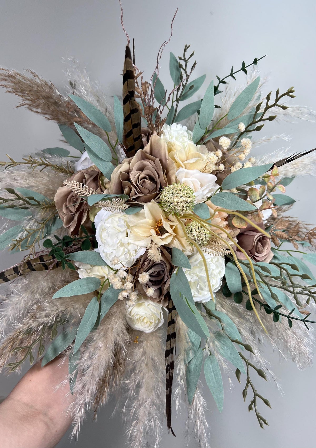 Brown Bouquet Wedding Bridal Taupe Bouquet Boho Pheasant Feathers Brown Bridesmaids Bouquet Pampas Grass White Brown Baby Breath Eucalyptus